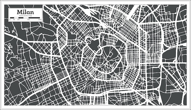 レトロなスタイルのミラノイタリアの都市地図。白地図。ベクトルイラスト。