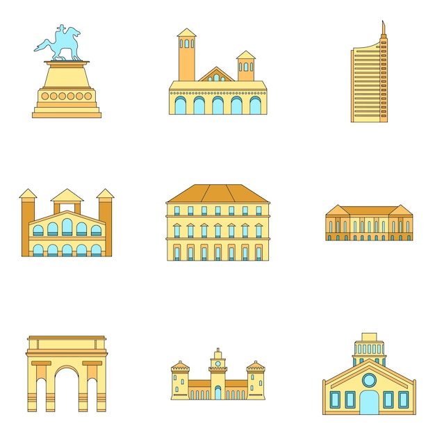 Vector milan italy city skyline icons set outline illustration of 9 milan italy city skyline vector icons thin line color flat on white