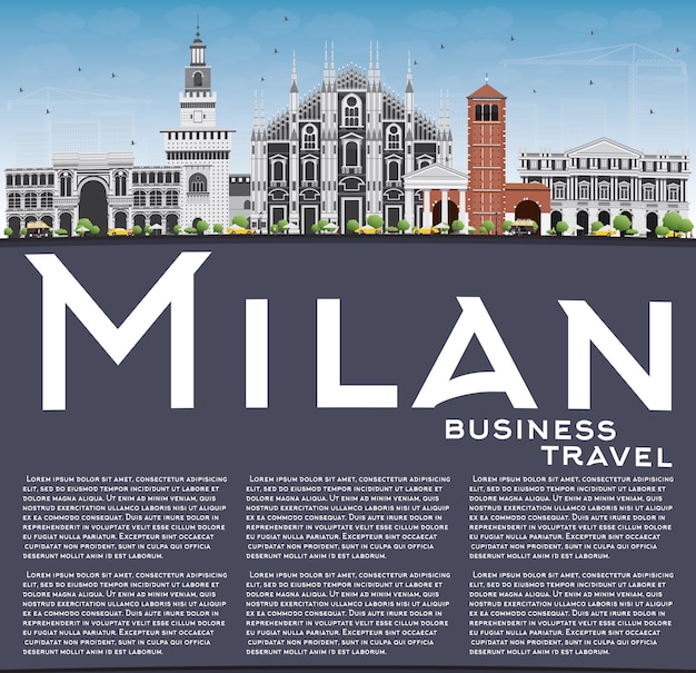 Милан skyline с серыми достопримечательностями, голубое небо и копией пространства.