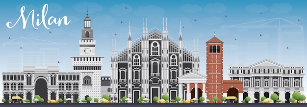 milan skyline with gray landmarks and blue sky. travel and tourism concept