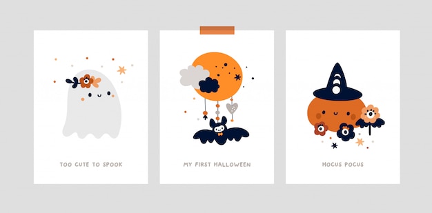Набор карт вехи для детей хэллоуин. детский принт с маленьким милым привидением, тыква