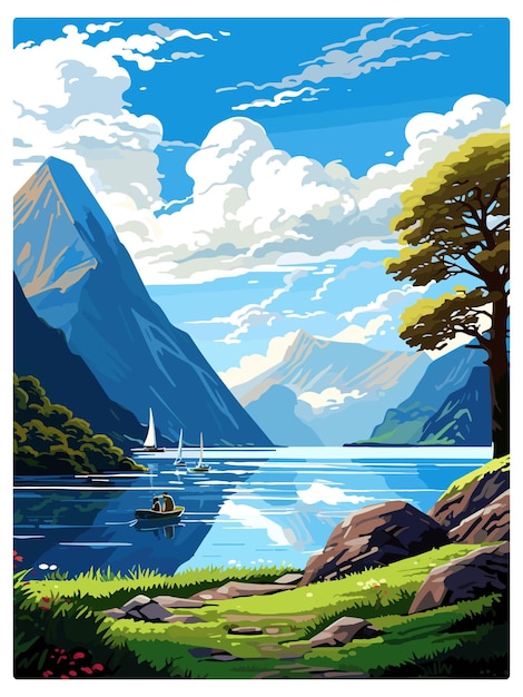 Vector milford sound new zealand vintage travel poster souvenir postcard portrait painting wpa illustration