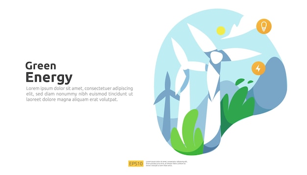 Milieuconcept voor groene schone energiebronnen met vernieuwbaar elektrisch zonnepaneel en windturbines. geschikt voor webbestemmingspagina-sjabloon, banner, presentatie, sociale en gedrukte media