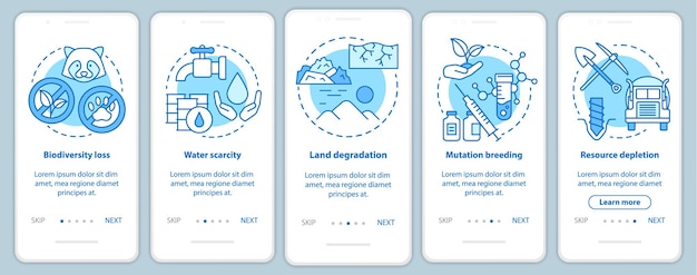 Milieukwesties aan boord van mobiele app-paginaschermvectorsjabloon. Verlies van biodiversiteit. Doorloop websitestappen met lineaire illustraties. UX, UI, GUI smartphone-interfaceconcept