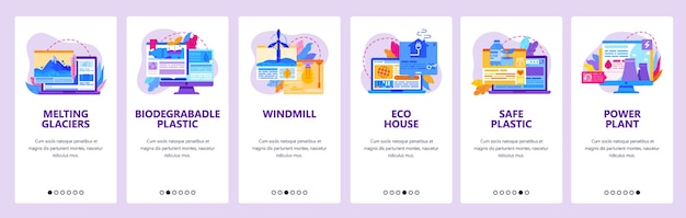 Milieuproblemen pictogrammen smeltende gletsjers plastic vervuiling windmolen eco huis mobiele app scherm...