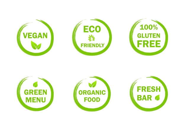 Milieuvriendelijke groene badges. Veganistisch bio biologisch voedsel, labels voor natuurlijke producten. Vectorstickers