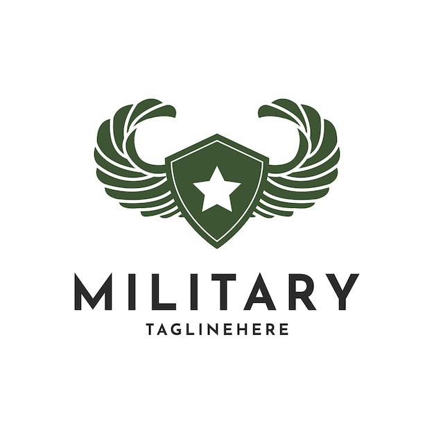 Militair logo ontwerpsjabloon met symbool schild en vleugel militaire ster symbool vectorillustratie