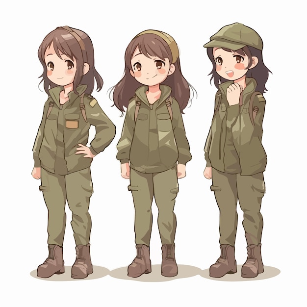 Militair meisje gekleed in uniform vector illustratie jong kind multipose