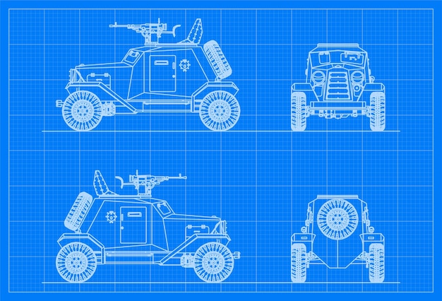 Militair voertuig blauwdruk achtergrond Eenvoudig vector plat ontwerp