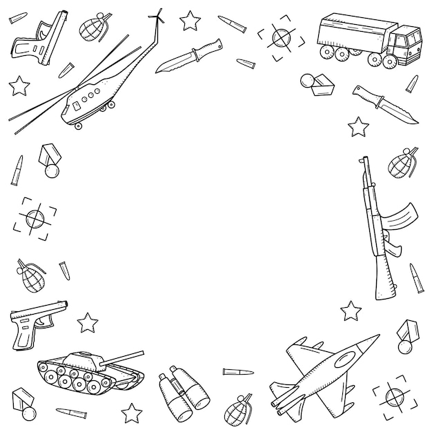 Militaire doodle iconen Vector illustratie van een set van militaire uitrusting leger items