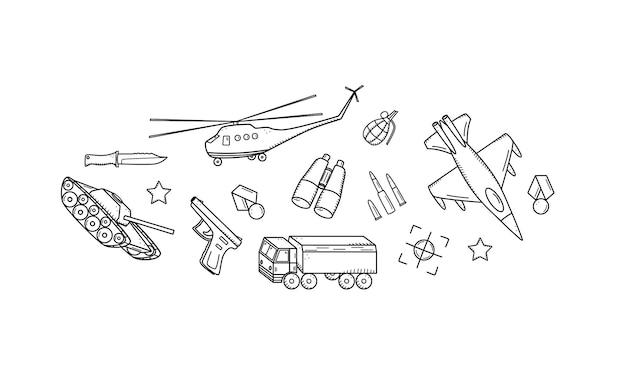 Militaire doodle iconen Vector illustratie van een set van militaire uitrusting leger items
