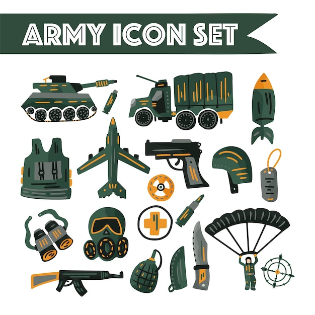 Militaire en leger platte pictogram vector set met tank parachute helm gasmasker en andere munitie