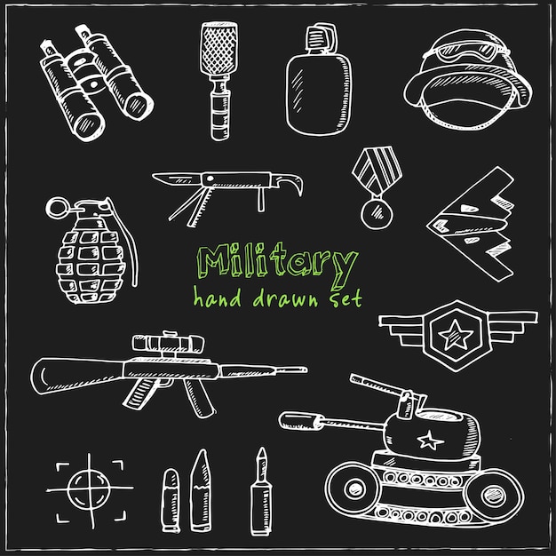 Militaire hand getrokken doodle set