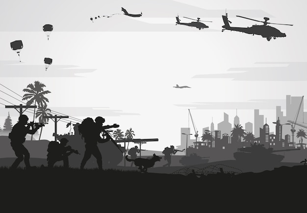 Militaire illustratie, leger achtergrond, silhouetten van soldaten.