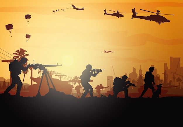 Militaire illustratie, leger achtergrond, silhouetten van soldaten.