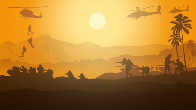 Militaire illustratie, leger achtergrond, silhouetten van soldaten.
