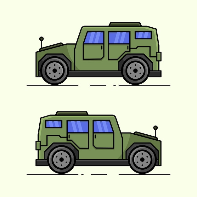 Vector militaire jeep voertuig cartoon pictogram illustratie. voertuig pictogram concept geïsoleerd. platte cartoonstijl