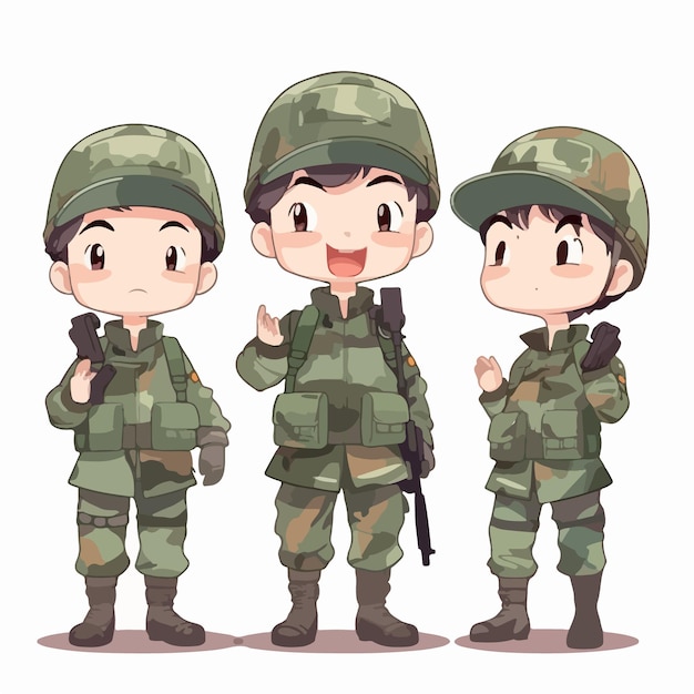 Militaire jongen in soldatenkleding cartoon illustratie jonge jongen multipose