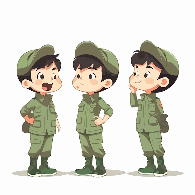 Militaire jongen met soldatenkleding vector pose jonge jongen cartoon stijl