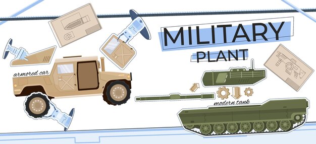 Militaire productie platte collage die componenten van moderne tank en gepantserde auto vectorillustratie vertegenwoordigt