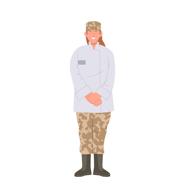 Militaire vrouwelijke verpleegster ziekenhuiswerker cartoon personage met camouflage uniform en witte jas