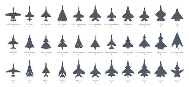 軍用機のアイコンは、白い背景のベクトル図に戦闘機と爆撃機のシルエットを設定