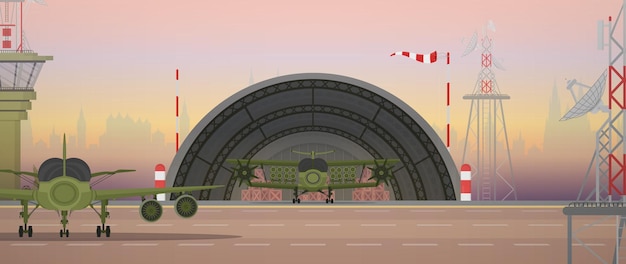 Military airport runway and aviation control point Cartoon style