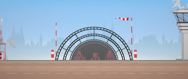 Vector military airport runway and flight control point cartoon style