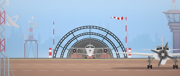 Military airport takeoff strip and flight control point cartoon style