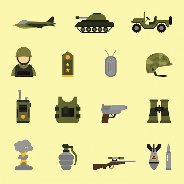 Вектор Военные и значки оружия в плоском цветном стиле