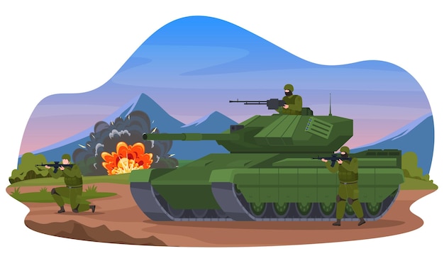 Vector military armored vehicles and aircraft attack in the field military in nature equipment for attack and defense of the country vector illustration on white background