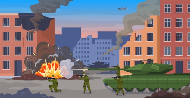 Military armored vehicles and aircraft Attack on the streets of the city of military character Equipment for attack and defense of the country Vector illustration on white background