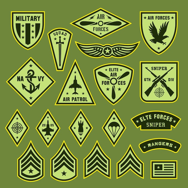 Vector military army badges air force logo and patch for uniform soldier medal and insignia war elite forces symbols with wings shield crest tidy chevron vector set