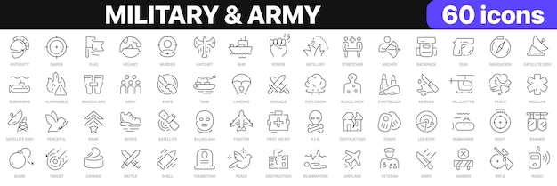 Military and army line icons collection War weapon vehicle icons UI icon set Thin outline icons pack Vector illustration EPS10