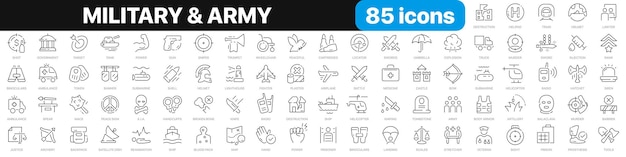 Военная и армейская линия икон коллекция Военное оружие иконки транспортных средств набор икон UI Тонкий контур иконки пакет Векторная иллюстрация EPS10