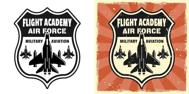 Military aviation flight academy vector emblem badge label logo or tshirt print Two styles monochrome and vintage colored with removable grunge textures