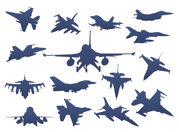 Military aviation silhouettes set. Fighters and aircraft