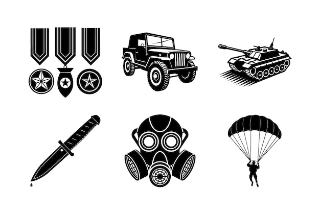 Military Badges Jeep Tank Knife Gas Mask and Parachute Icons
