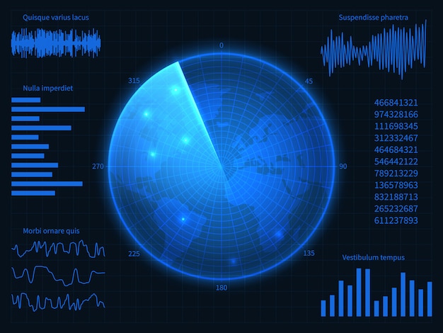Военный синий радар. hud интерфейс с сонаром, графиками и элементами управления. виртуальный дисплей, векторный экран