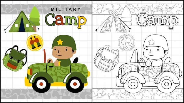 Military camp with soldier cartoon on car