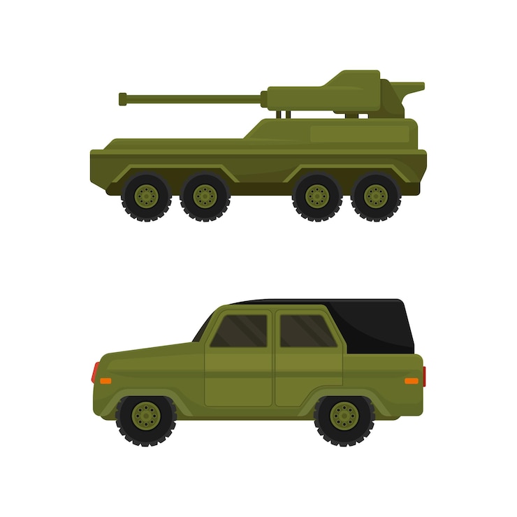 Вектор военная машина и вооруженная техника в качестве транспортного средства, используемого в армейском векторном наборе