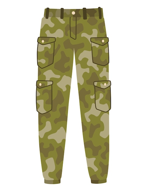 Vector military clothes equipment for soldier woodland camouflage style isolated icon isolated pants flat cartoon vector illustration