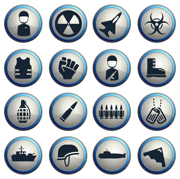 Vector military dark icons on gray round buttons