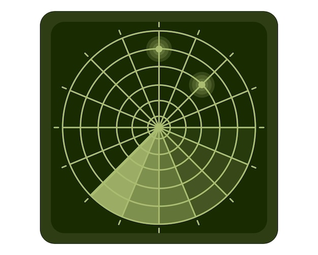 Radar verde digitale militare o sistema di ricerca con obiettivi sul monitor. display radar hud, ricerca aerea o sonar della marina. concetto militare per esercito, soldati e guerra. illustrazione isolata del fumetto di vettore.