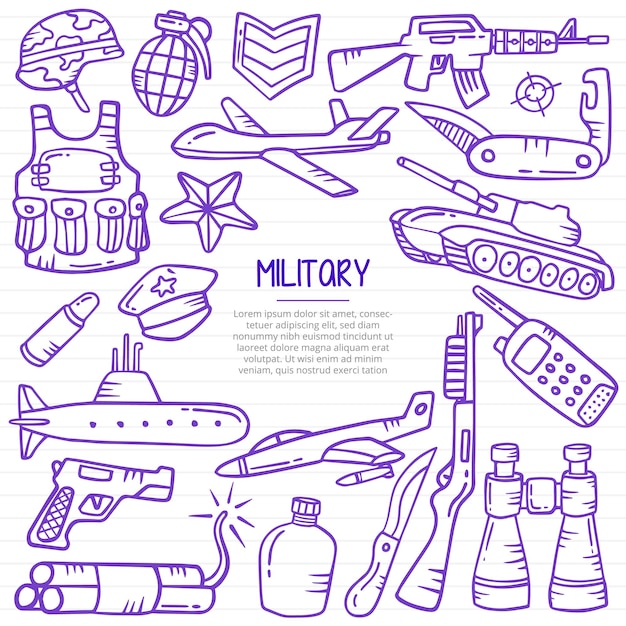 Hand drawing styles for Military items. Soldier doodle. Stock Vector