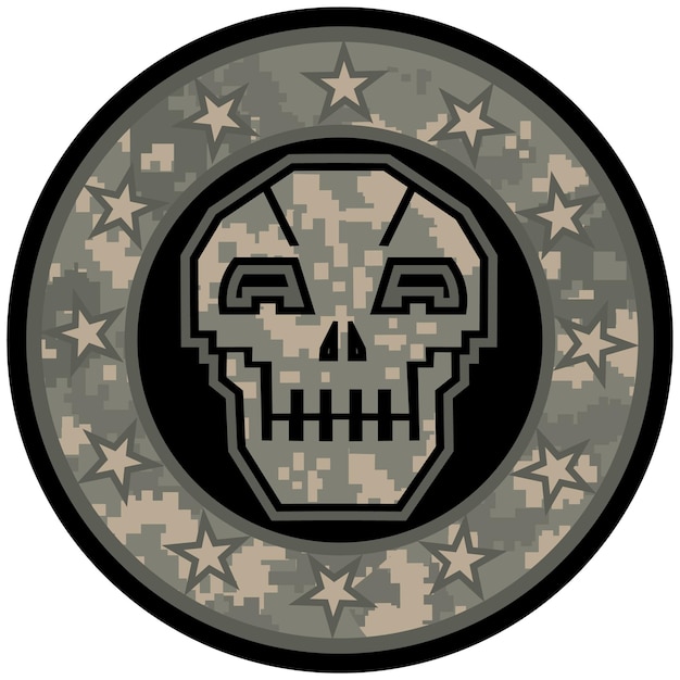 Emblema militare con t-shirt design vintage grunge teschio e camouflage