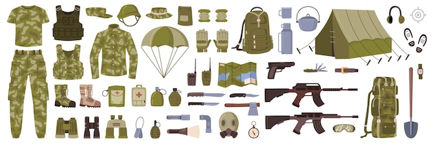 Vector military equipment clothes and weapons