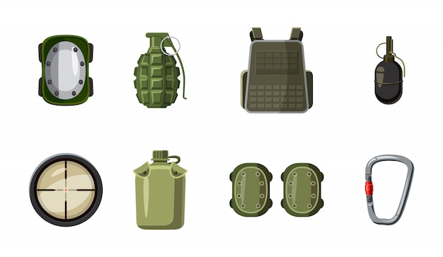 Vector military equipment elements set. cartoon set of military equipment