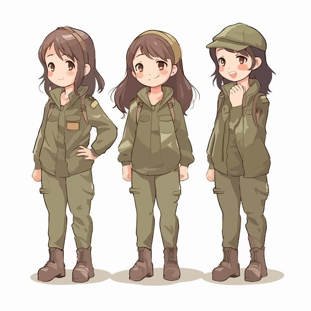 Military girl dressed in uniform vector illustration young kid multipose