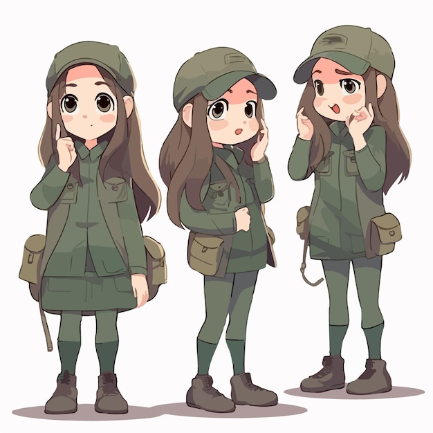 벡터 유니폼을 입은 군인 소녀 터 포즈 어린 아이 만화 일러스트레이션